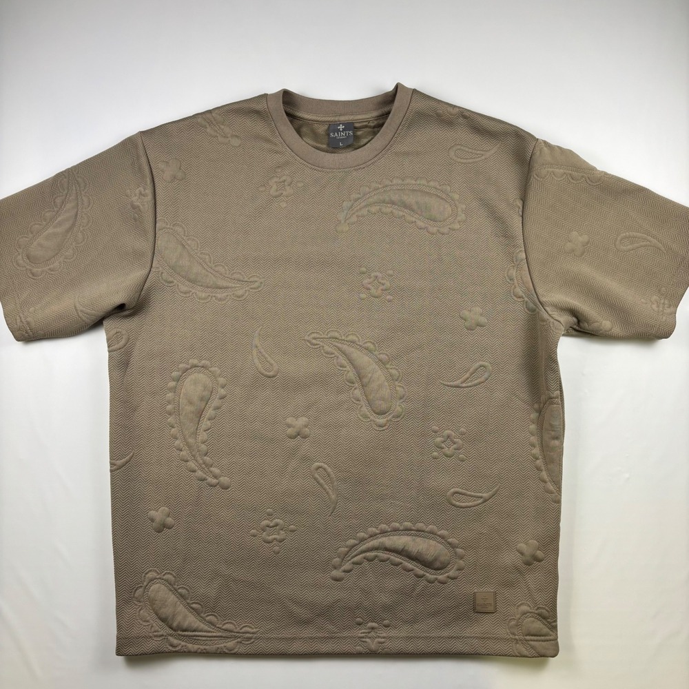 Saints Studio Mens Large Tan Textured Herringbone Embossed Paisley T-Shirt L